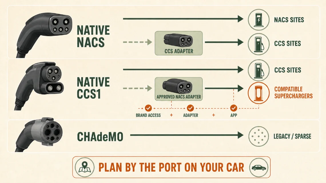Diagram of three charge ports and what each can use. A native NACS car charges at NACS sites directly, and reaches CCS sites with a CCS adapter. A native CCS1 car charges at CCS sites directly, but reaches compatible Tesla Superchargers only when brand access, an approved NACS adapter, and app setup all line up. A CHAdeMO car has one option, a legacy and sparse network. The closing line reads: plan by the port on your car.