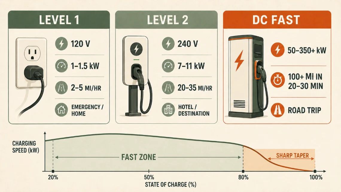 The three charging levels compared. Level 1: 120 volts, 1 to 1.5 kilowatts, 2 to 5 miles of range per hour, for emergency or home use. Level 2: 240 volts, 7 to 11 kilowatts, 20 to 35 miles of range per hour, for hotel or destination charging. DC fast: 50 to 350 plus kilowatts, over 100 miles of range in 20 to 30 minutes, for road trips. Below, a chart of charging speed in kilowatts against state of charge: speed peaks in the lower half of the pack, eases off gradually through the 60s and 70s across the fast zone from 20 to 80 percent, then drops sharply above 80 percent toward almost nothing at 100 percent.