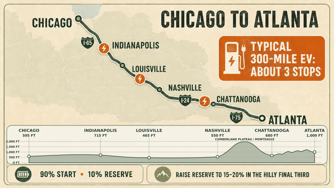 The Chicago to Atlanta route, south on I-65 through Indianapolis and Louisville to Nashville, southeast on I-24 to Chattanooga, then I-75 into Atlanta, with three charge stops marked. A typical 300 mile EV makes about three stops. An elevation profile underneath runs from Chicago at 595 feet through Indianapolis 715, Louisville 465, Nashville 550, and Chattanooga 680 to Atlanta at 1,000 feet, with the Cumberland Plateau and Monteagle climb peaking near 2,000 feet between Nashville and Chattanooga. Start at 90 percent, keep a 10 percent reserve, and raise that reserve to 15 to 20 percent through the hilly final third.