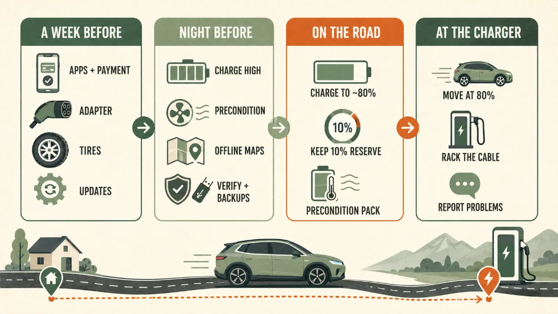 A four stage EV road-trip checklist. A week before: apps and payment, adapter, tires, software updates. The night before: charge high, precondition, download offline maps, verify stations and pick backups. On the road: charge to about 80 percent, keep a 10 percent reserve, precondition the pack. At the charger: move the car at 80 percent, rack the cable, report problems.