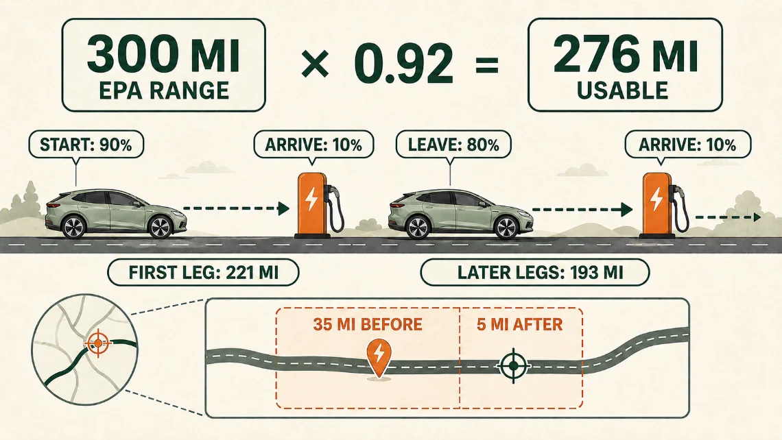 A 300 mile EPA range times 0.92 becomes 276 usable miles. A first leg from 90 percent down to 10 percent covers 221 miles, and later legs from 80 percent down to 10 percent cover 193 miles between chargers. Below, a road diagram shows a real charger picked inside a search window that runs from 35 miles before the energy target to 5 miles after it.