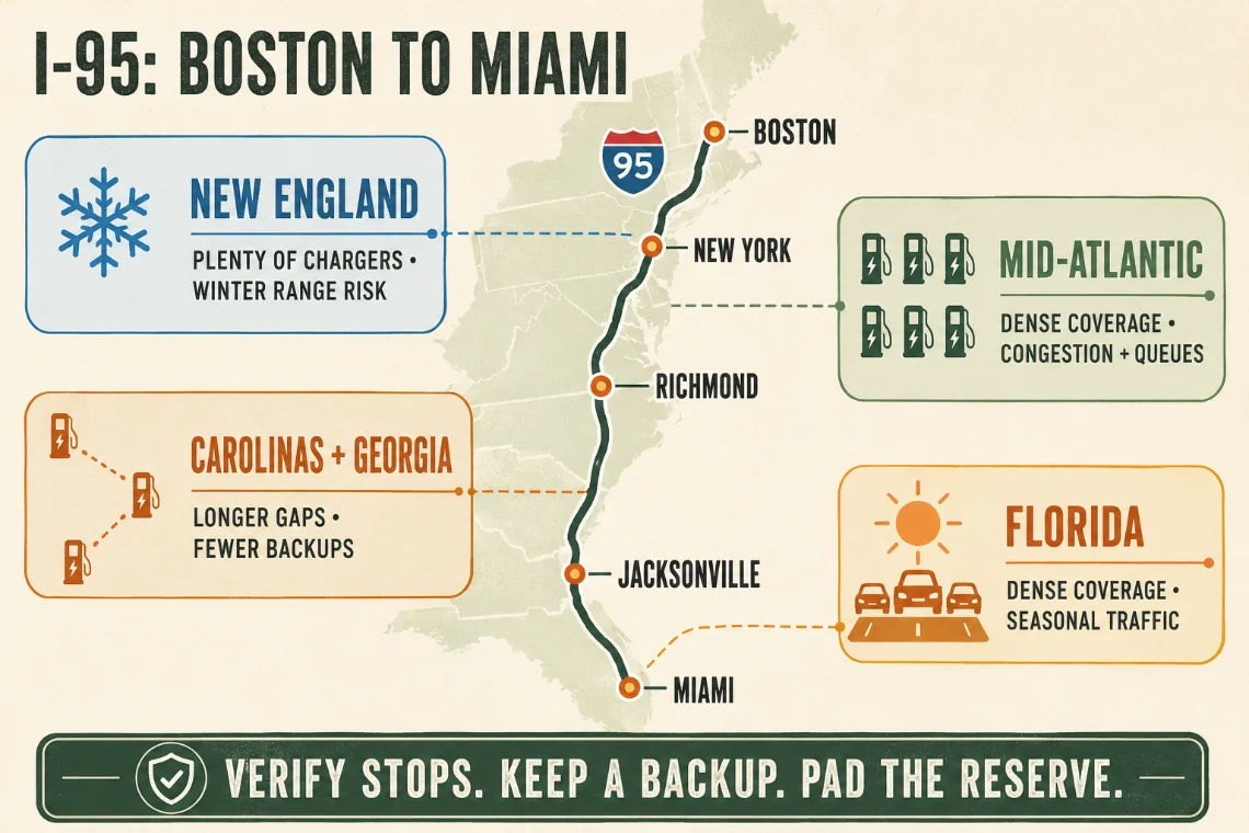 The I-95 charging corridor from Boston to Miami, with markers at Boston, New York, Richmond, Jacksonville, and Miami, split into four regions and the main planning risk in each. New England: plenty of chargers, winter range risk. Mid-Atlantic: dense coverage, congestion and queues. Carolinas and Georgia: longer gaps, fewer fallback charging sites. Florida: dense coverage, seasonal traffic. A banner across the bottom reads: verify stops, keep a backup, pad the reserve.