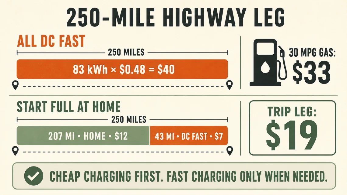 A 250 mile highway leg costed two ways. Charging all of it on DC fast takes 83 kWh at $0.48 per kWh, about $40, against about $33 for the same leg in a 30 mpg gas car. Starting full from home instead covers 207 miles on home electricity for about $12 plus 43 miles of DC fast charging for about $7, a leg total of about $19. Cheap charging first, fast charging only when needed.
