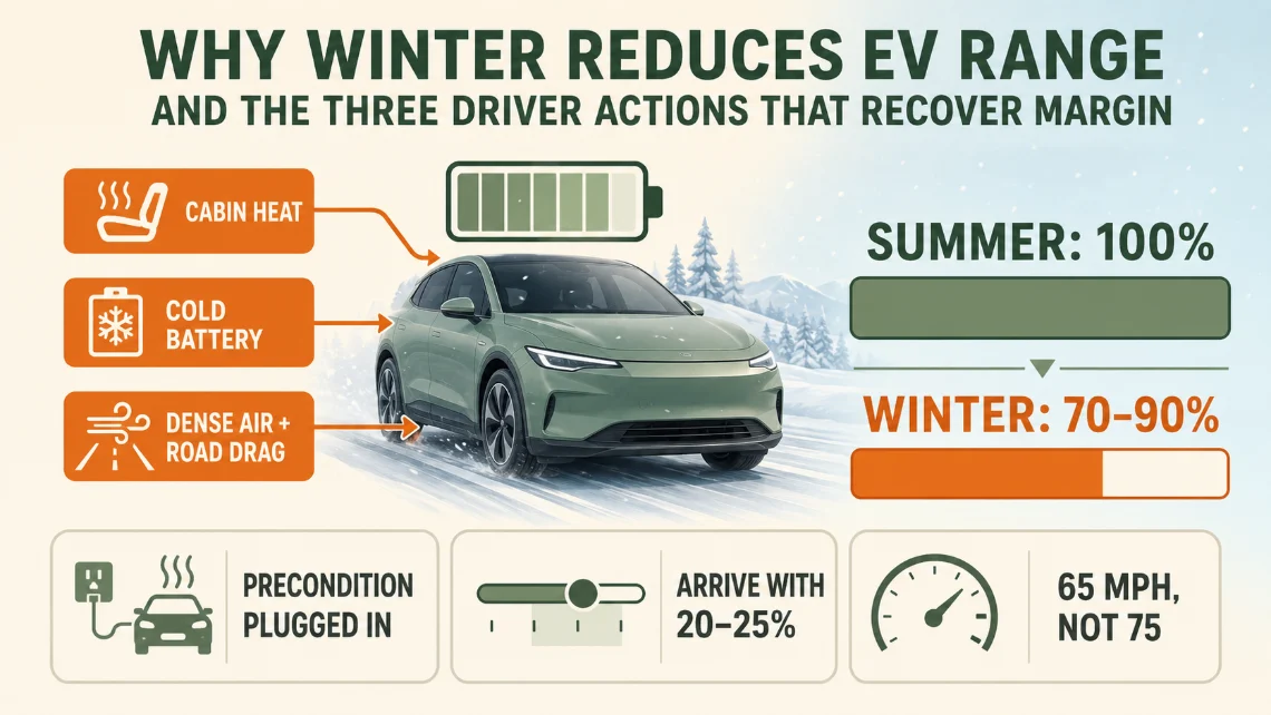 Winter EV range against a summer baseline of 100 percent: cabin heat, a cold battery, and denser air with added road drag cut typical winter range to 70 to 90 percent. Three driver actions recover margin: precondition while plugged in, arrive with a 20 to 25 percent reserve, and cruise at 65 mph instead of 75.